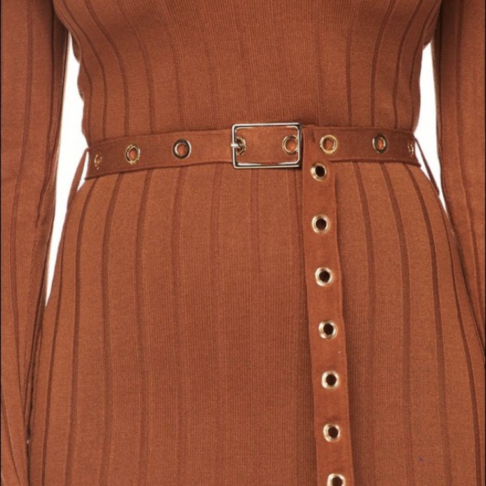 🤎LAST ONE🤎 Sexy Ribbed Knit Off Shoulder Belted Bodycon - Rust (C) - Picture 6 of 6